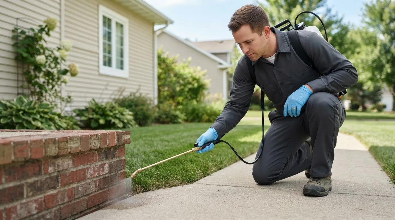 Pest control technician treating a home near Farmersburg, IN