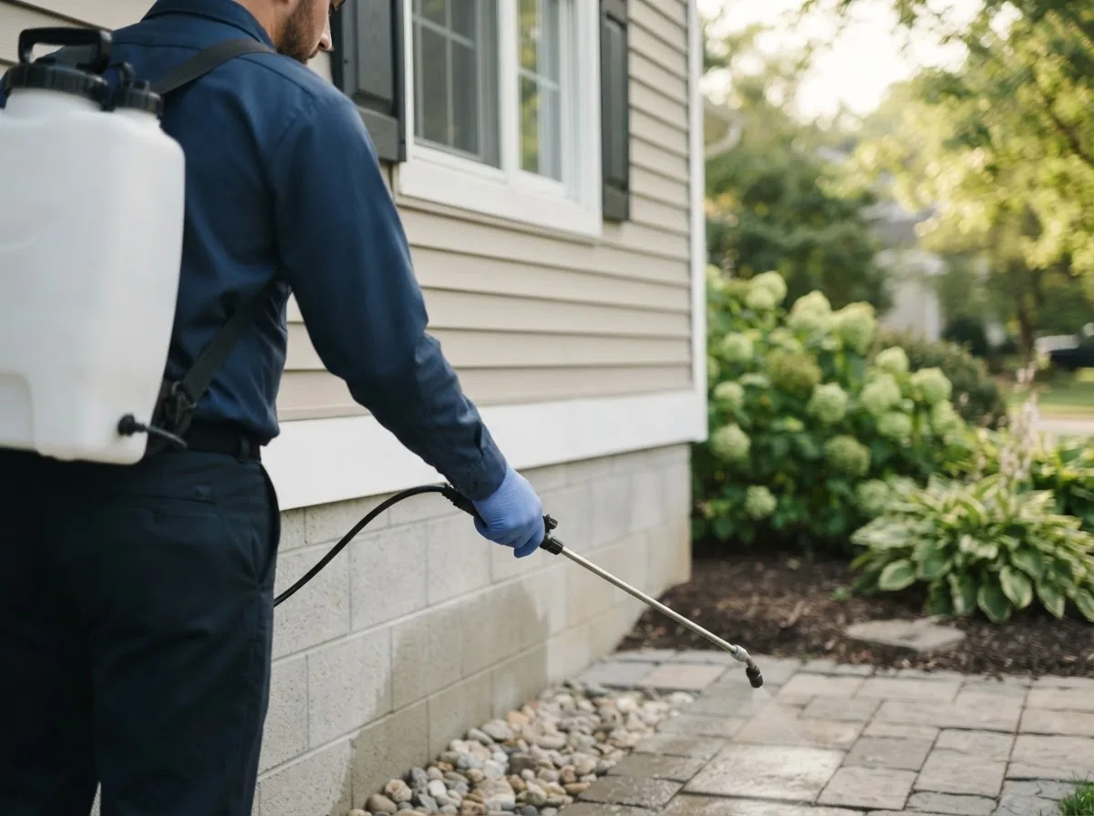 Pest control technician inspecting a home in Farmersburg, IN